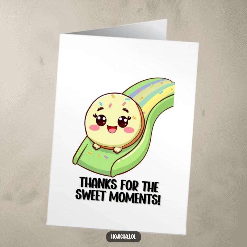 Funny Free Printable Cheerful Matcha Cookie with wide eyes, sliding down a sprinkle slide to say thanks.