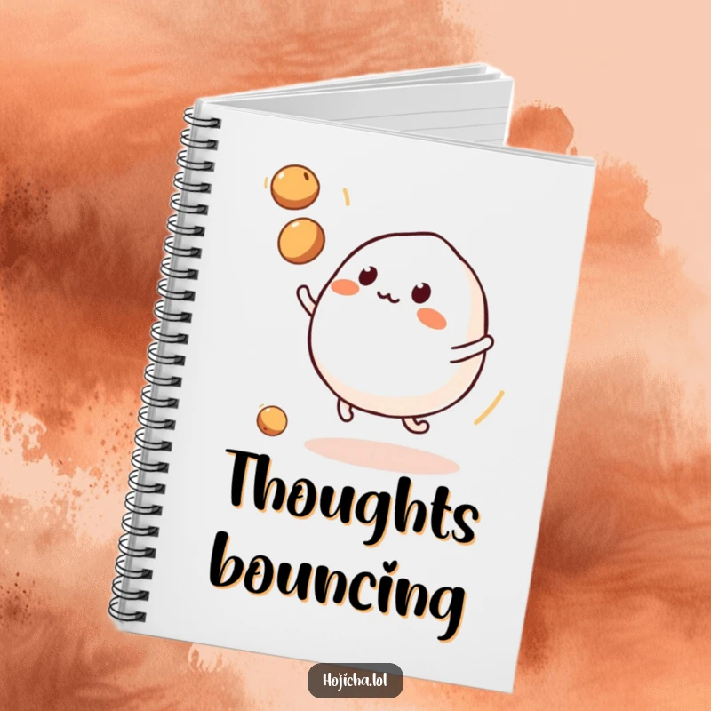 Funny mochi with legs juggling soybeans, on the cover of a notebook for writing.