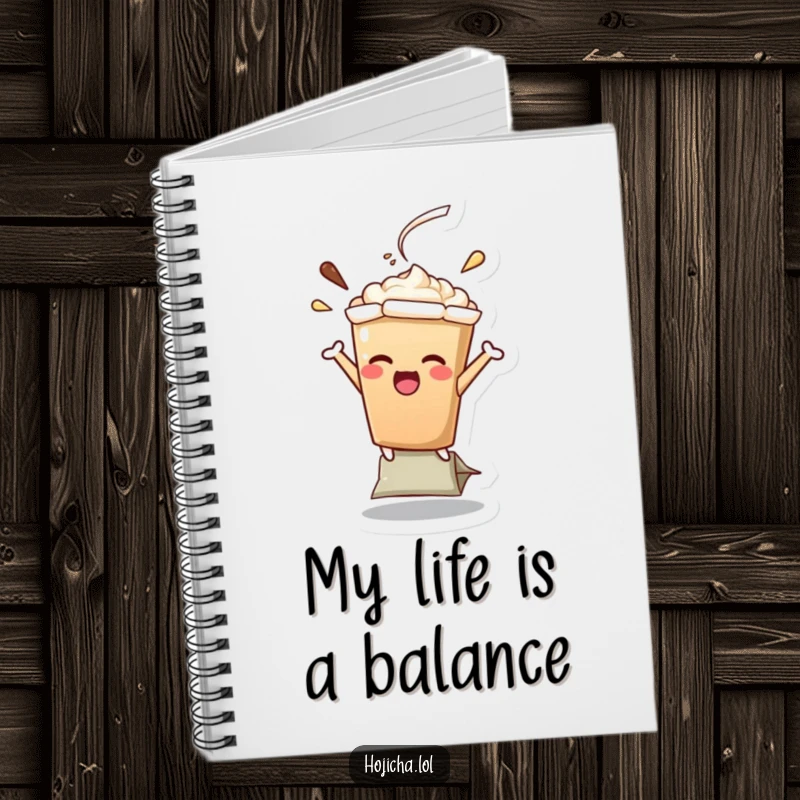 Funny Hojicha latte character in a funny balancing act on a teabag, ruled notebook for humorous journaling and notes, great gift.