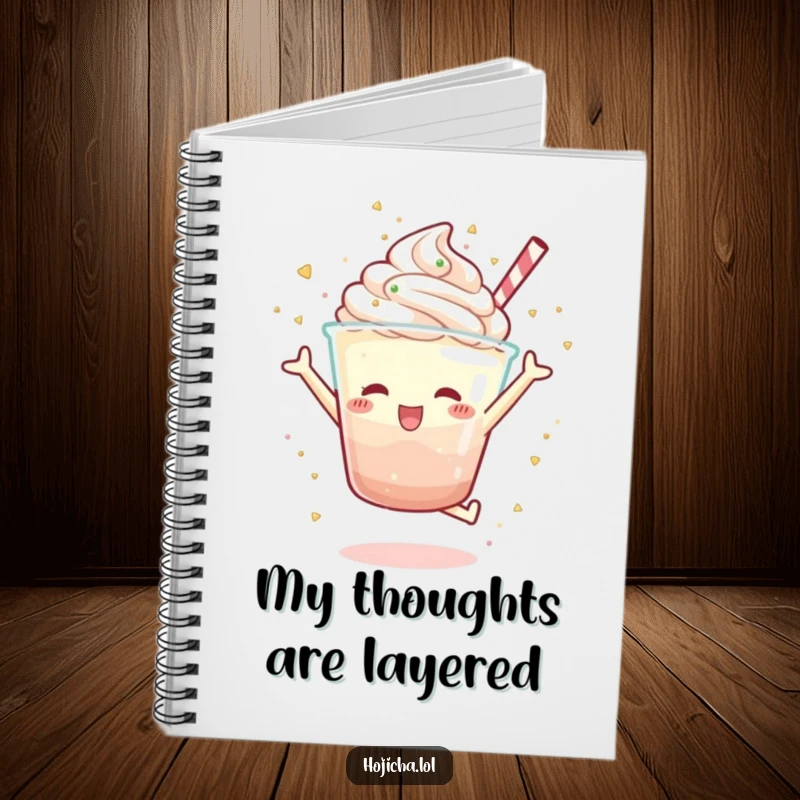 Funny Hojicha parfait character in a joyful jump, scattering sprinkles with glee, ruled notebook for humorous recipe writing, great gift.