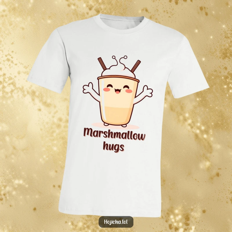 Funny Hojicha Hug T-Shirt: A beaming Hojicha cup character with marshmallow arms spread wide, exuding funny warmth and happiness.