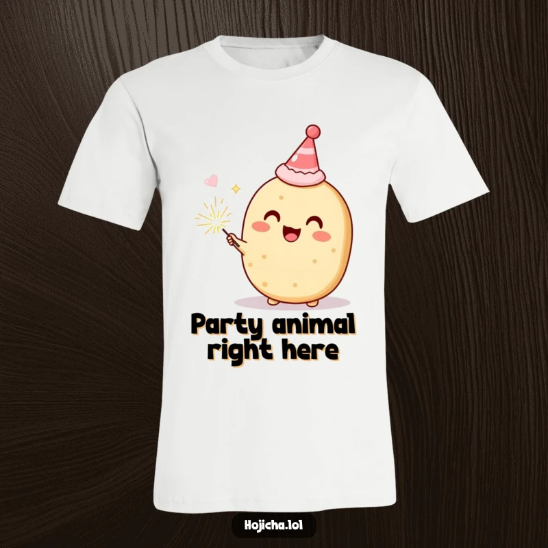 Funny Hojicha cookie wearing a tiny party hat and holding a sparkler, delighted, humorous T-shirt for festive occasions, great gift.