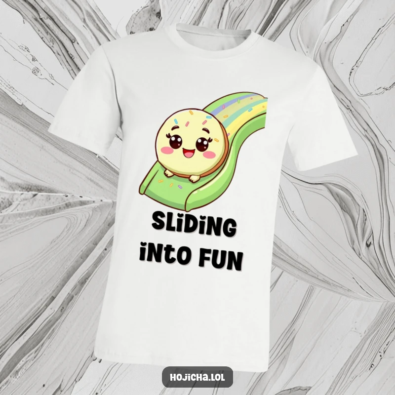 Funny matcha cookie with wide eyes sliding down a rainbow sprinkle slide on a t-shirt.