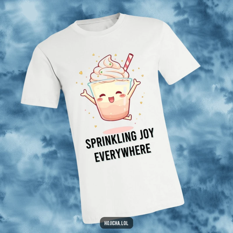 Funny Hojicha parfait character in a joyful jump, scattering sprinkles with glee, humorous T-shirt for dessert lovers, great gift.