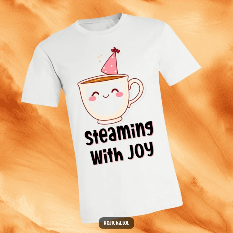 Funny teacup with a party hat and steam, smiling on a t-shirt for happy occasions.