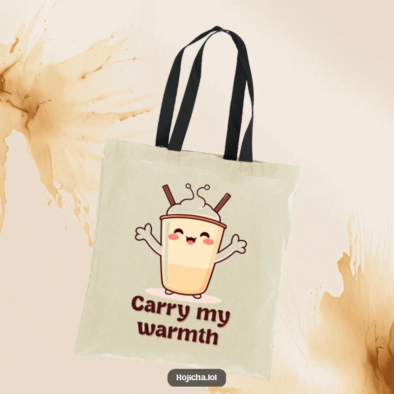 Funny Hojicha Hug Tote Bag: Features a beaming Hojicha cup character with marshmallow arms stretched wide, a funny bag for carrying comfort.