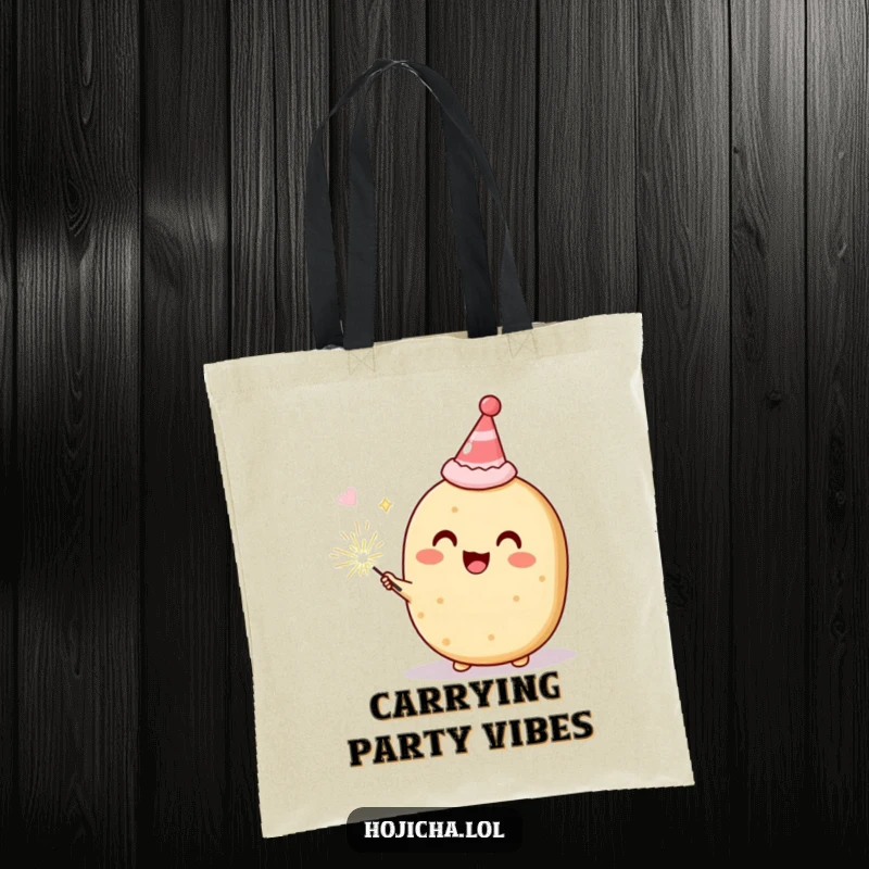 Funny Hojicha cookie wearing a tiny party hat and holding a sparkler, delighted, humorous tote bag for festive outings, great gift.
