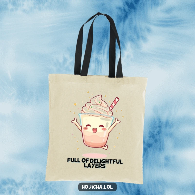 Funny Hojicha parfait character in a joyful jump, scattering sprinkles with glee, humorous tote bag for dessert adventures, great gift.