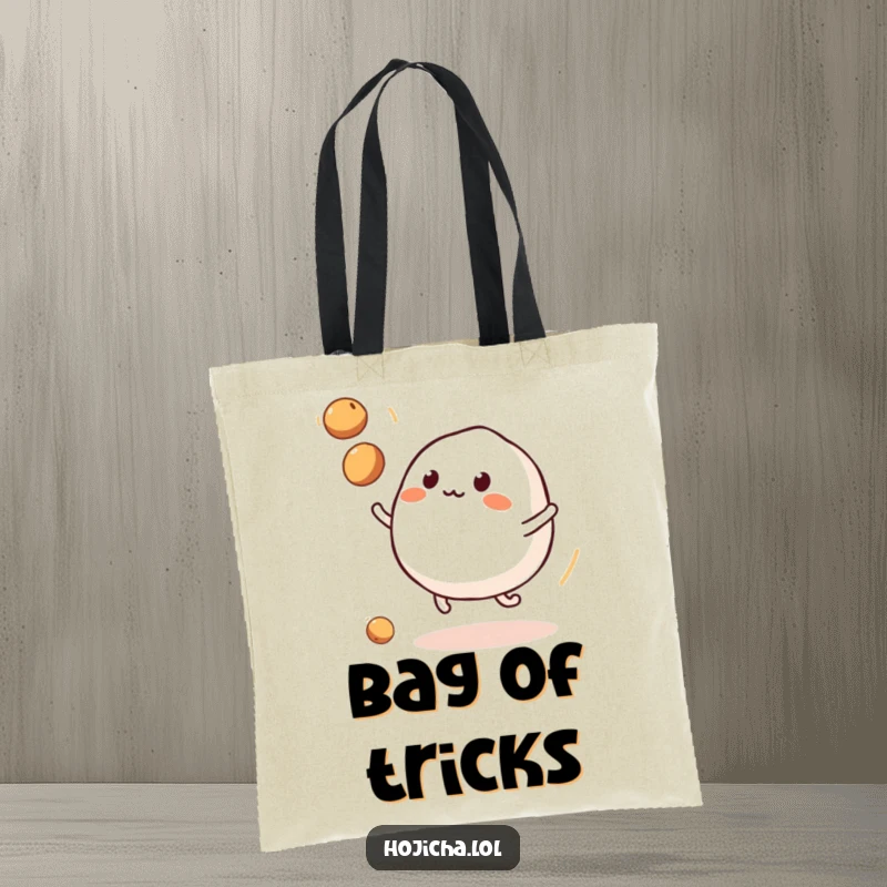 Funny mochi with legs juggling soybeans, on a durable tote bag for everyday use.