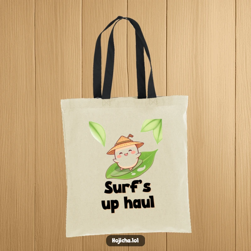 Funny mochi in a straw hat surfing a green tea leaf, on a tote bag.